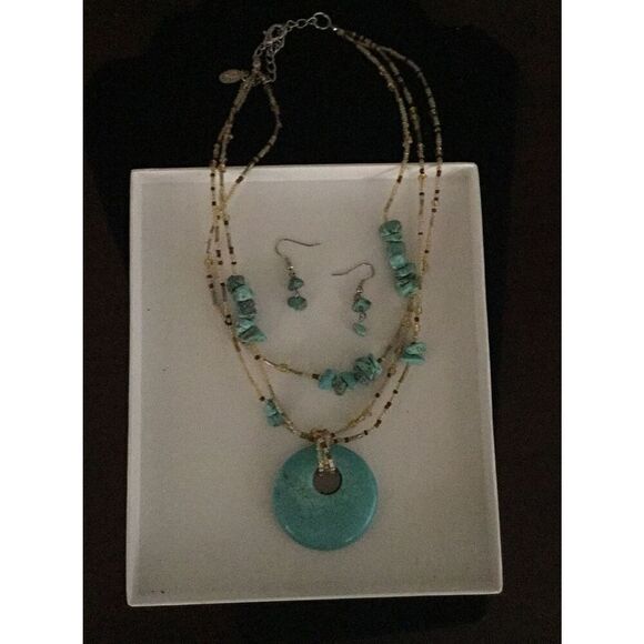 Gorgeous Triple Strand Citrine Bead & Turquoise Medallion Necklace & Earring Set